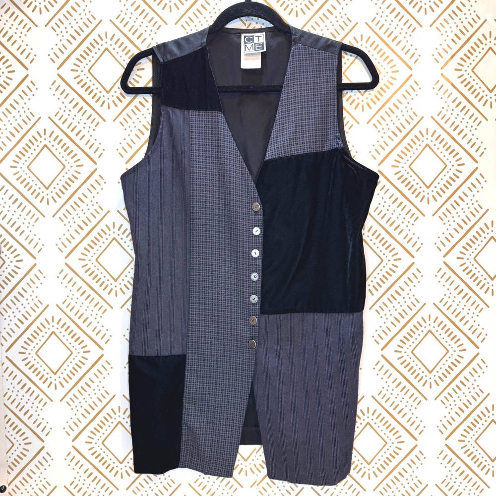 Vintage Patchwork Velvet Vest Womens L Black Gray Button Front Waistcoat Layer